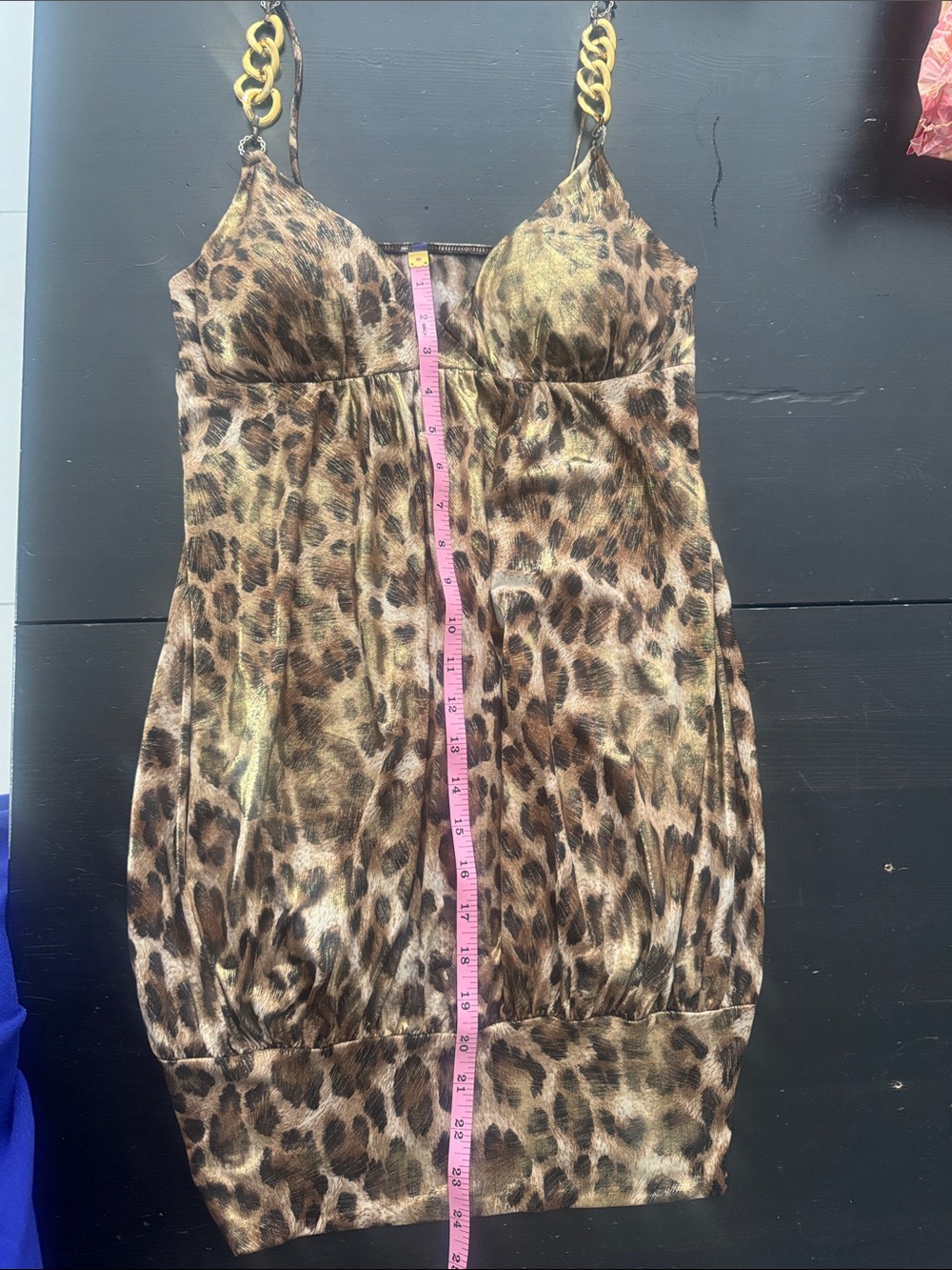 Leopard Print Mini Dress with Gold Chain Straps - Brown